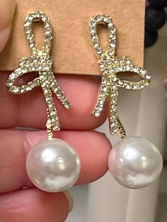 Jewelry - Gold Tone Bow Crystal Drop Earrings with White Faux Pearls